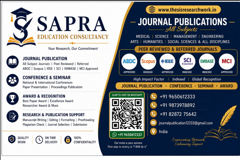 SAPRA Education Consultancy business card — front: journal publications, indexing partners and contact numbers